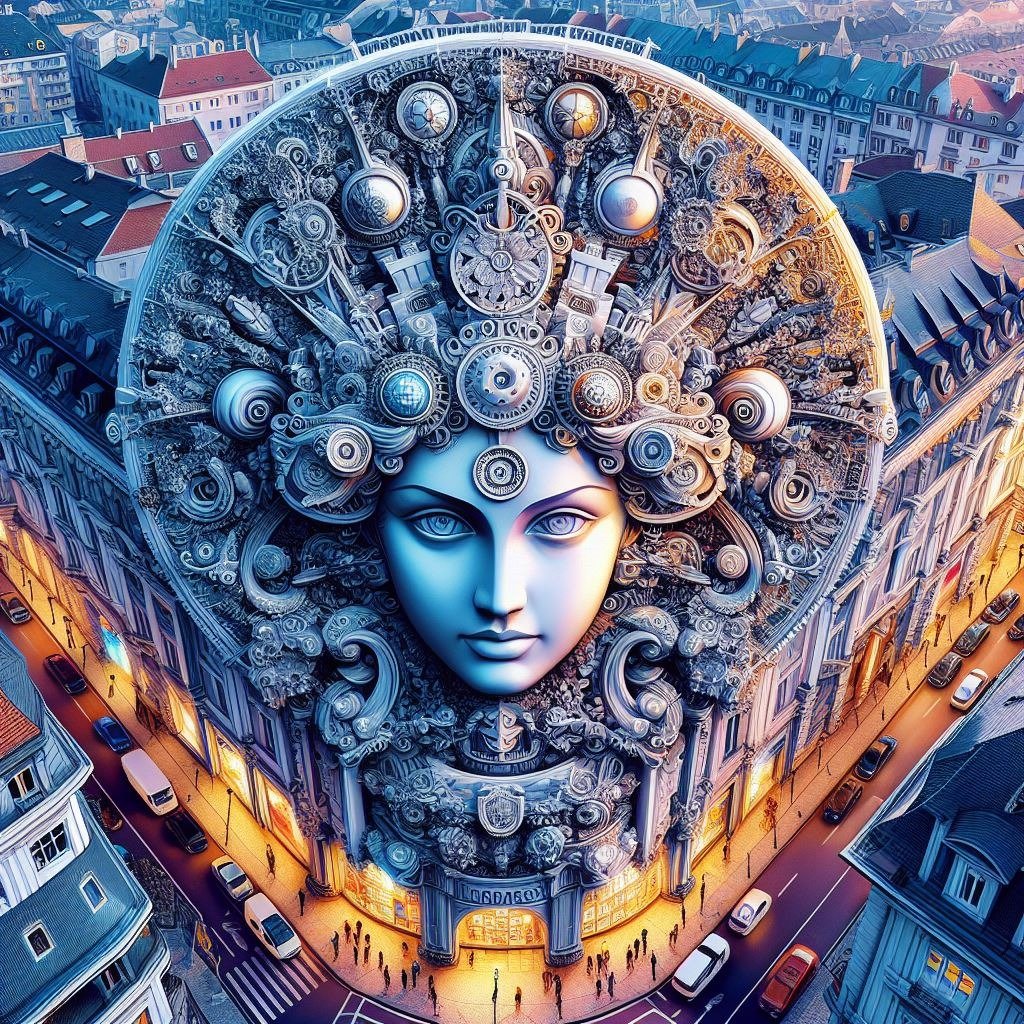 a woman's face with a large headpiece of a headdress