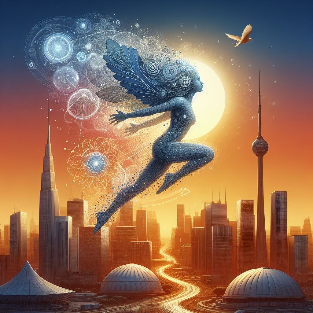 An innovative woman flying through the air with a bird in the sky over the community