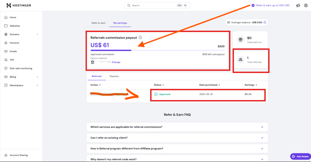 The image below is an illustration of the Hostinger's referrals commission dashboard - current interface 2025 